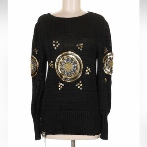 Cache Ipen Knit Lightweight Black Sweater with Gold Embellishments